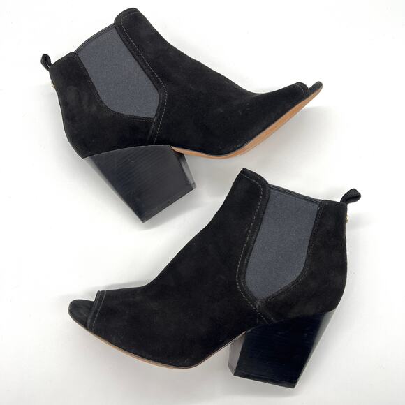TORY BURCH Gemma Open Toe Ankle Booties Womens 8.5 Black Suede Stacked Heel 65mm - Picture 4 of 11